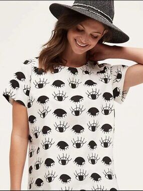 Anthropologie Porridge Gazer Eye Print Short Sleeve Top  Black & White Medium